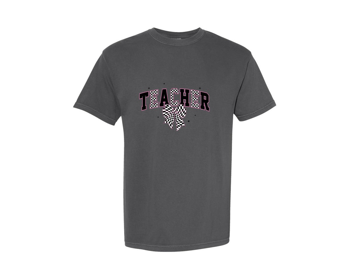 brand:Comfort Colors|color:Pepper|Retro Teacher Coquette Teacher Bow Graphic T-Shirt