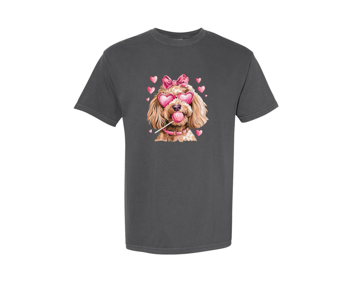 brand:Comfort Colors|color:Pepper|Cute Golden Doodle Coquette Valentines Graphic T-Shirt
