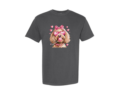 brand:Comfort Colors|color:Pepper|Cute Golden Doodle Coquette Valentines Graphic T-Shirt