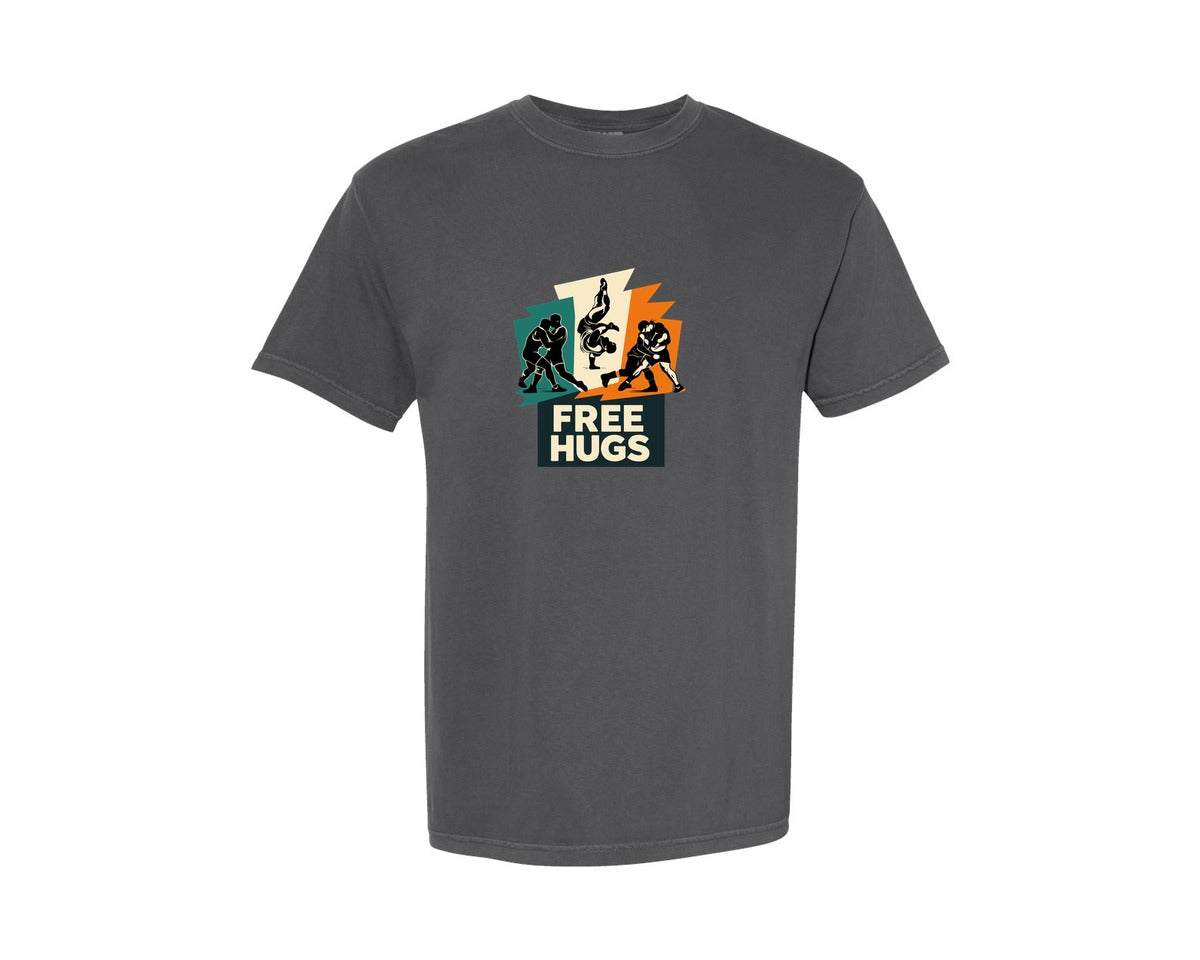 brand:Comfort Colors|color:Pepper|Free Hugs Wrestling Retro Illustration Graphic T-Shirt