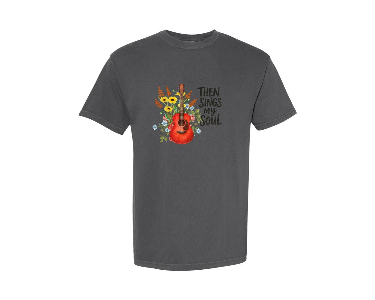 brand:Comfort Colors|color:Pepper|Then Sings My Soul Floral Guitar Graphic T-Shirt
