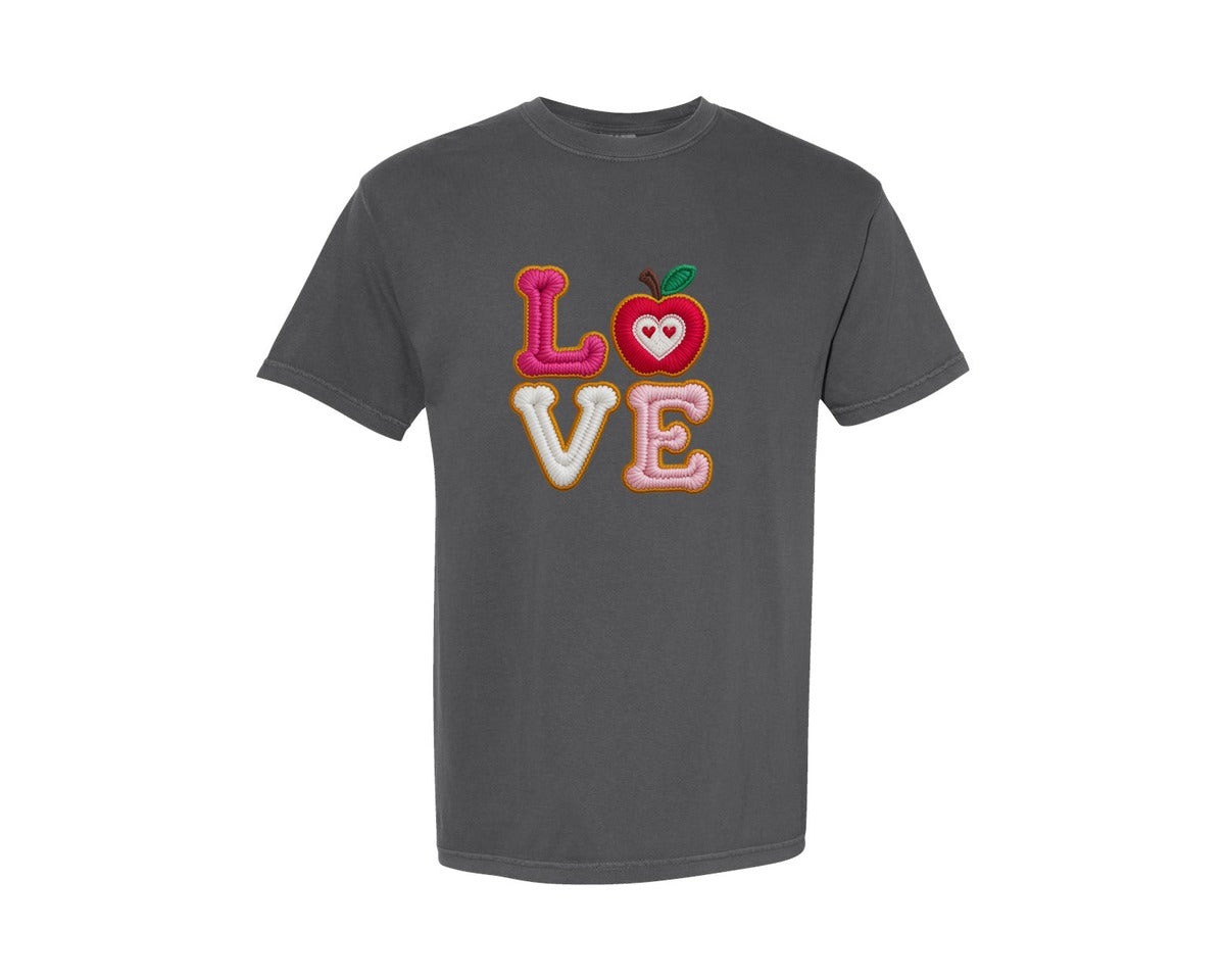 brand:Comfort Colors|color:Pepper|Faux Yarn Love Apple School Teacher Life Graphic T-Shirt