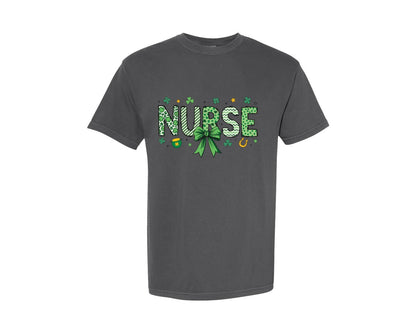 brand:Comfort Colors|color:Pepper|Nurse St Patrick Day Coquette Bow Doodle Graphic T-Shirt