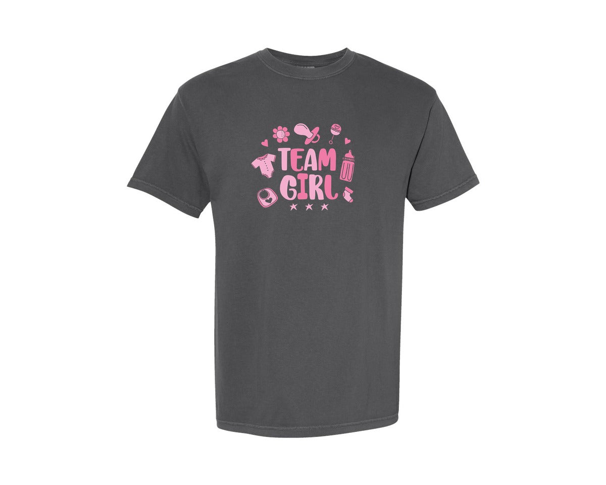 brand:Comfort Colors|color:Pepper|Gender Reveal Party Team Girl Funny Tee Graphic T-Shirt