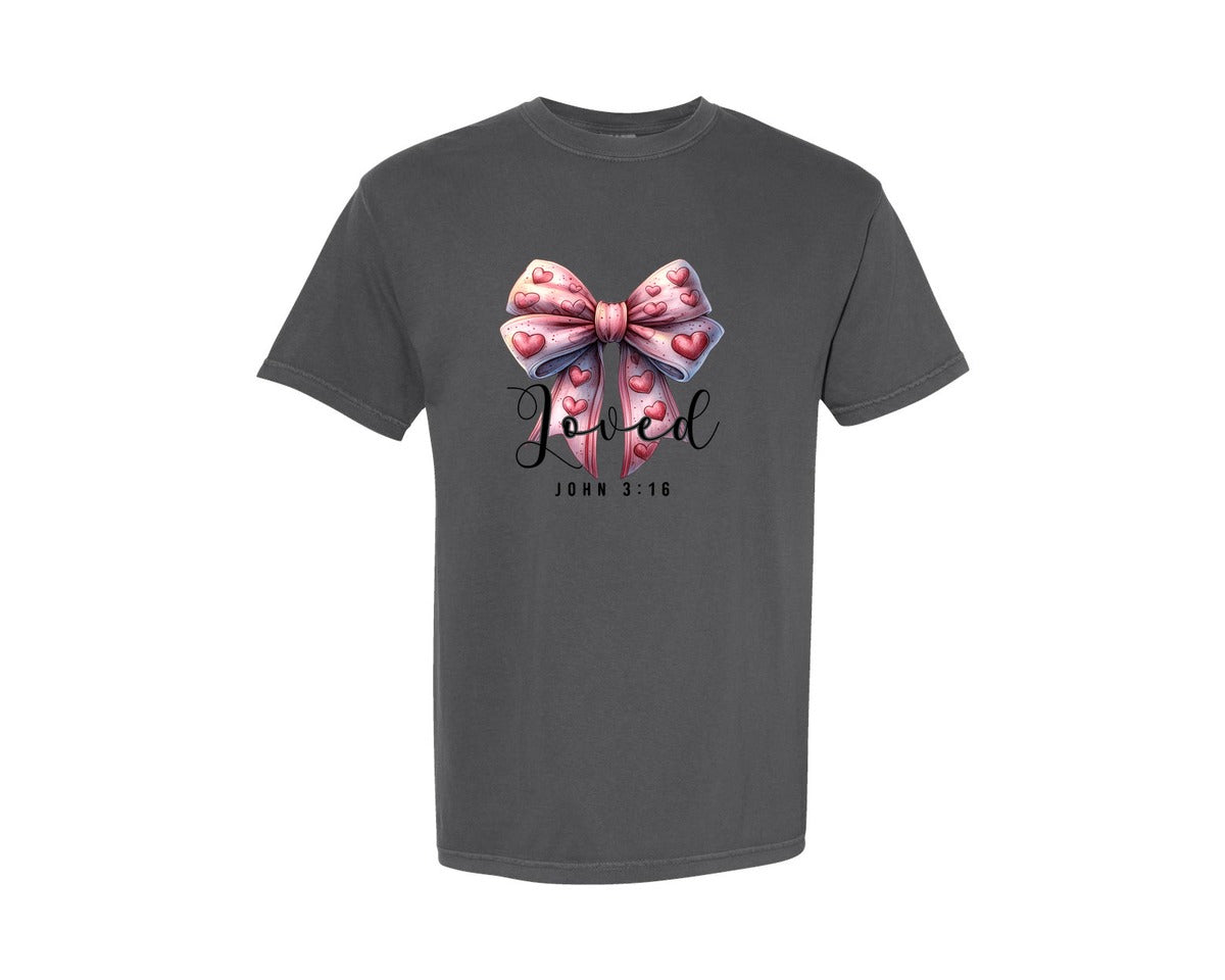 brand:Comfort Colors|color:Pepper|Loved Christian Valentines Day Graphic T-Shirt