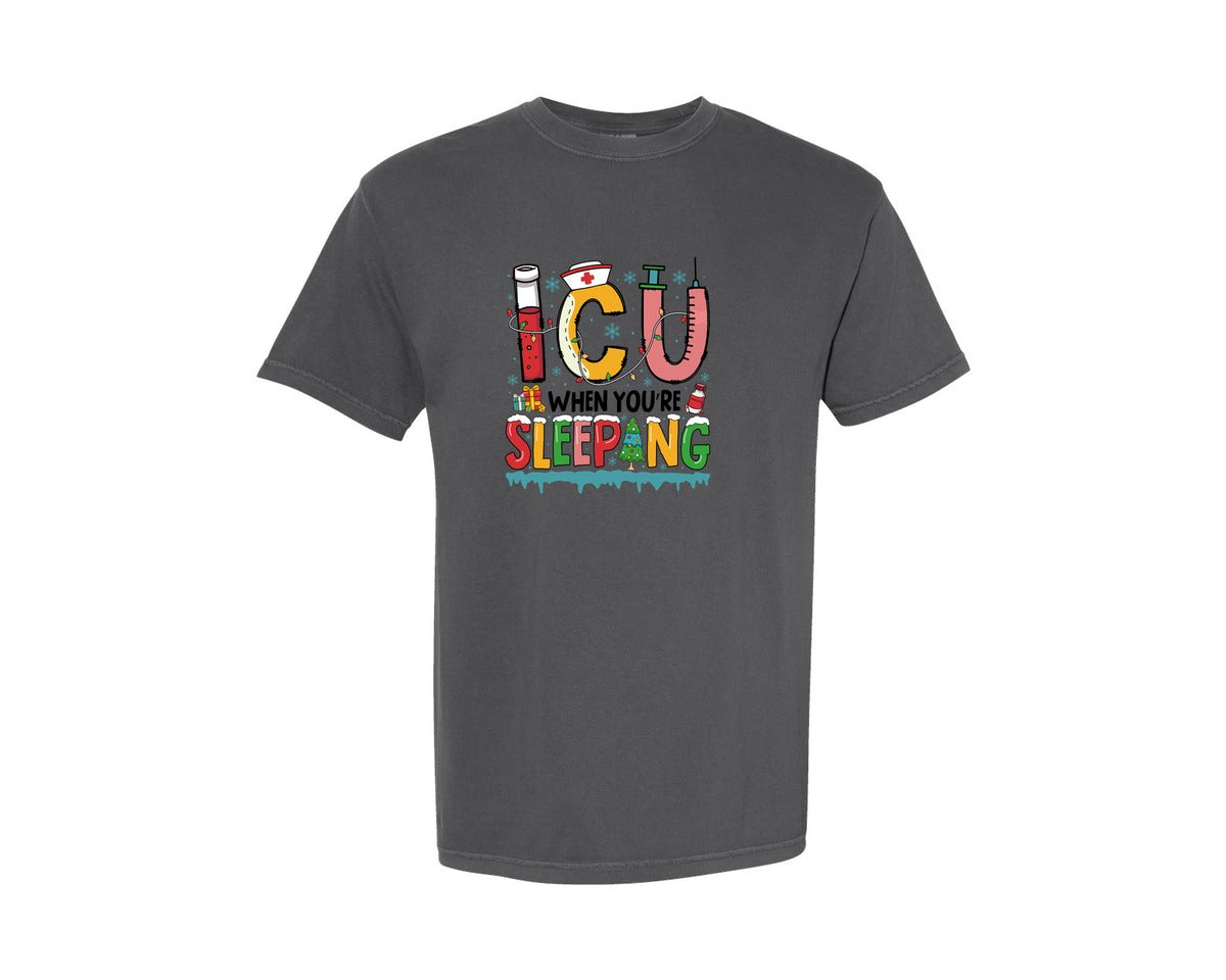 brand:Comfort Colors|color:Pepper|Icu Sleeping Christmas Nurse Graphic T-Shirt