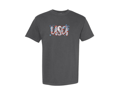 brand:Comfort Colors|color:Pepper|Usa Floral Coquette Bow Usa Graphic T-Shirt