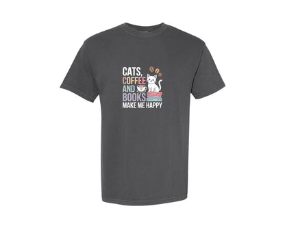 brand:Comfort Colors|color:Pepper|Cats Coffee And Books Make Me Happy Graphic T-Shirt