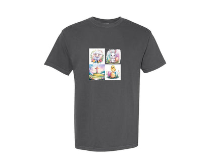 brand:Comfort Colors|color:Pepper|Cute Easter Bunny Lamb Chick Cross Wat Graphic T-Shirt