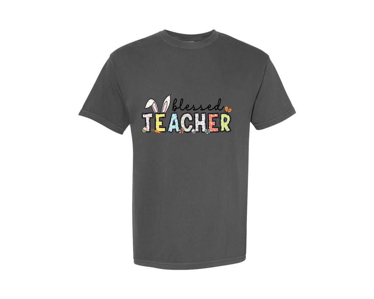 brand:Comfort Colors|color:Pepper|Blessed Teacher Easter Bunny Shirt Graphic T-Shirt