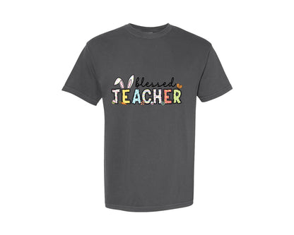 brand:Comfort Colors|color:Pepper|Blessed Teacher Easter Bunny Shirt Graphic T-Shirt