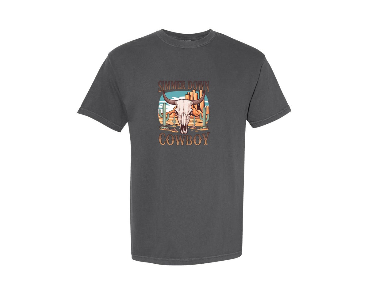 brand:Comfort Colors|color:Pepper|Simmer Down Cowboy Western Skull 2 Graphic T-Shirt