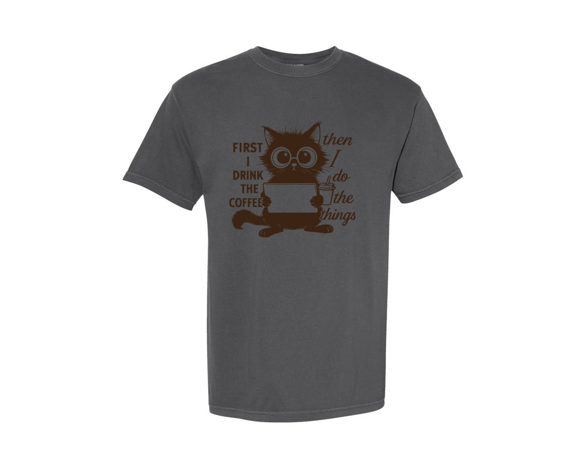 brand:Comfort Colors|color:Pepper|Funny Coffee Cat 3 Graphic T-Shirt