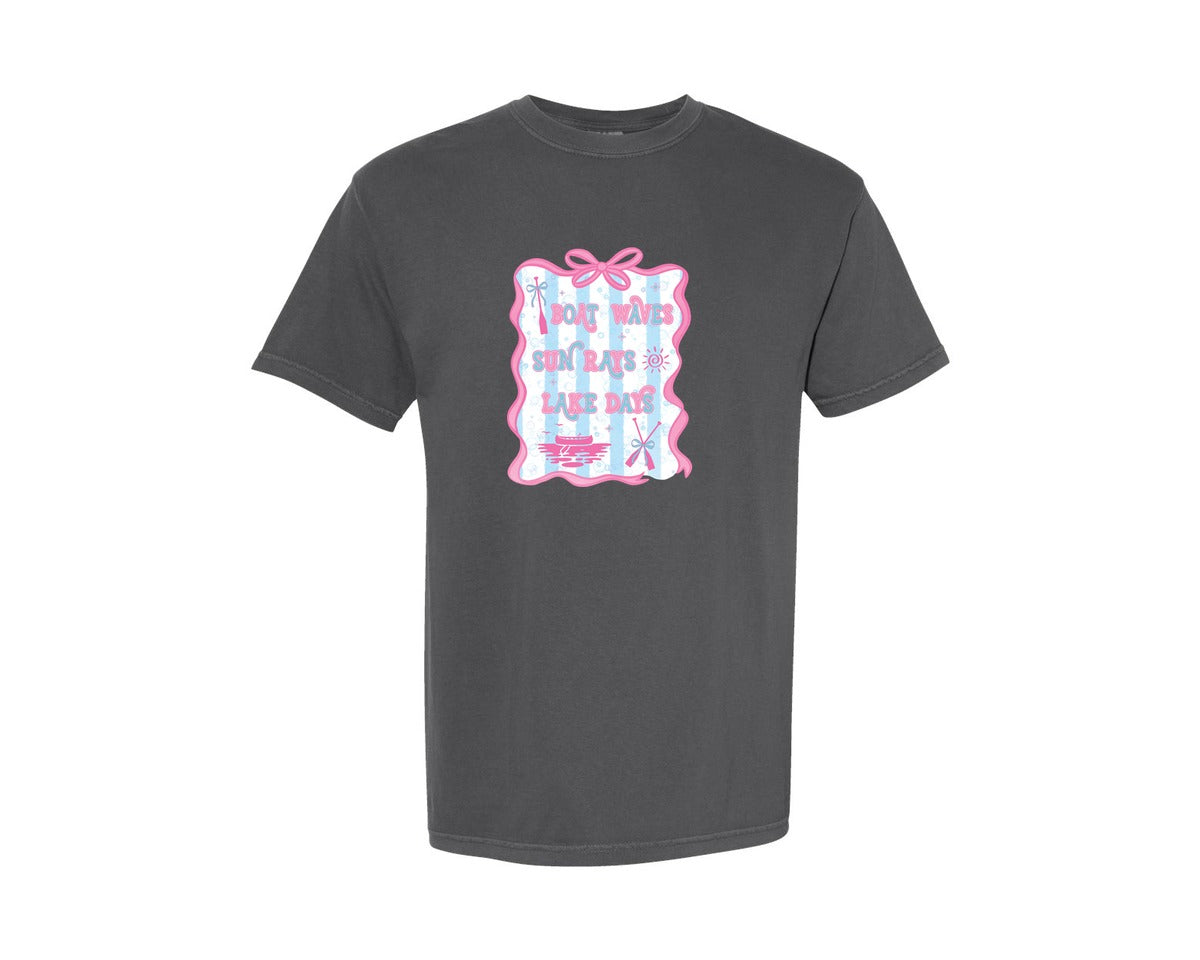 brand:Comfort Colors|color:Pepper|Coquette Lake Days Boat Waves Sun Rays Graphic T-Shirt