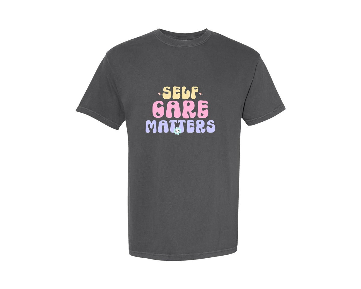 brand:Comfort Colors|color:Pepper|Self Care Matters Groovy Pastel Art Graphic T-Shirt