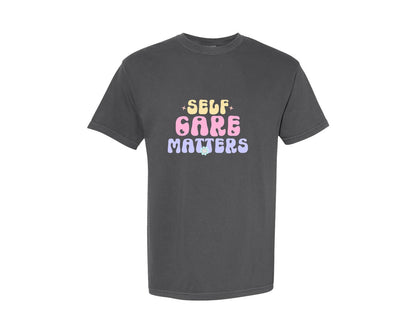 brand:Comfort Colors|color:Pepper|Self Care Matters Groovy Pastel Art Graphic T-Shirt