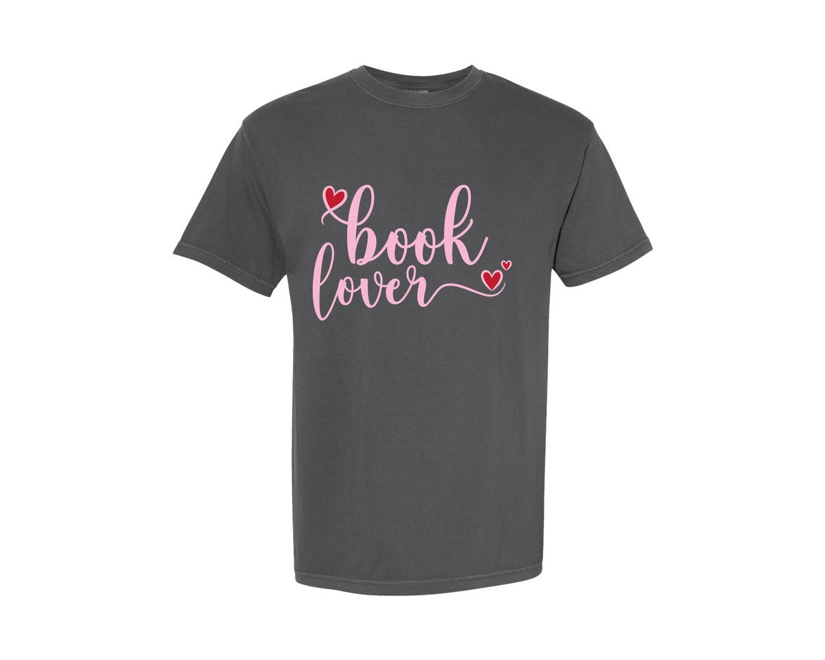 brand:Comfort Colors|color:Pepper|Book Lover Script Text Coquette Bow Graphic T-Shirt