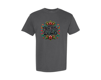 brand:Comfort Colors|color:Pepper|Floral New Year 2026 New Years Eve Graphic T-Shirt