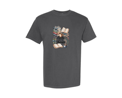 brand:Comfort Colors|color:Pepper|Books Are My Therapy Book Lover Tee Graphic T-Shirt