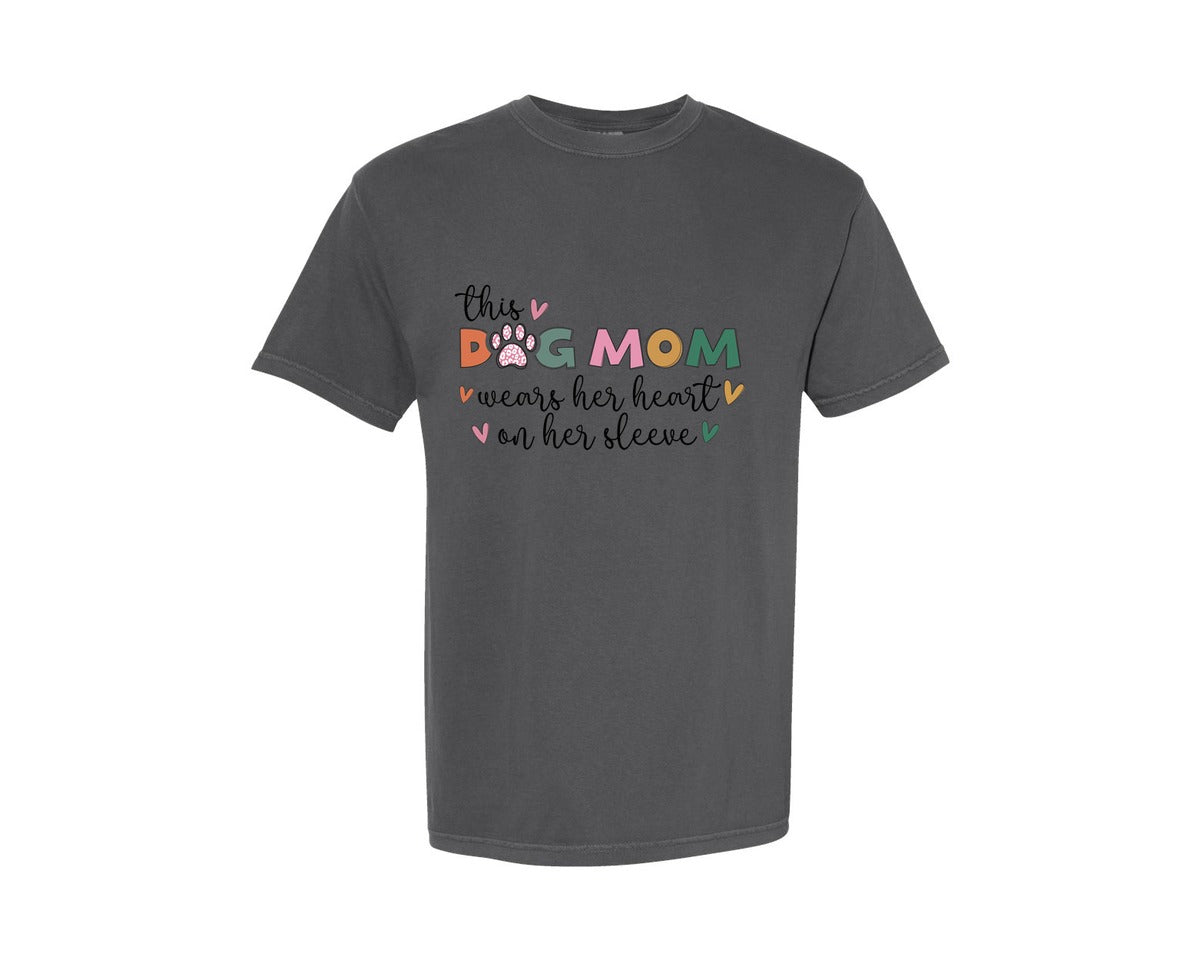 brand:Comfort Colors|color:Pepper|Dog Mama Wears Her Heart On Her Sleeve 2 Graphic T-Shirt