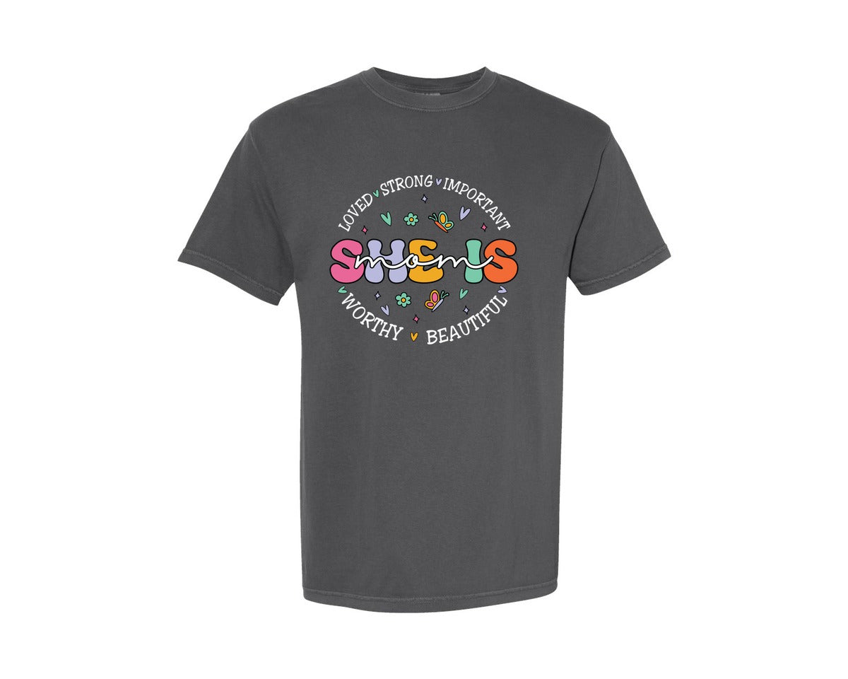 brand:Comfort Colors|color:Pepper|She Is Mom Happy Mama Mothers Day Graphic T-Shirt