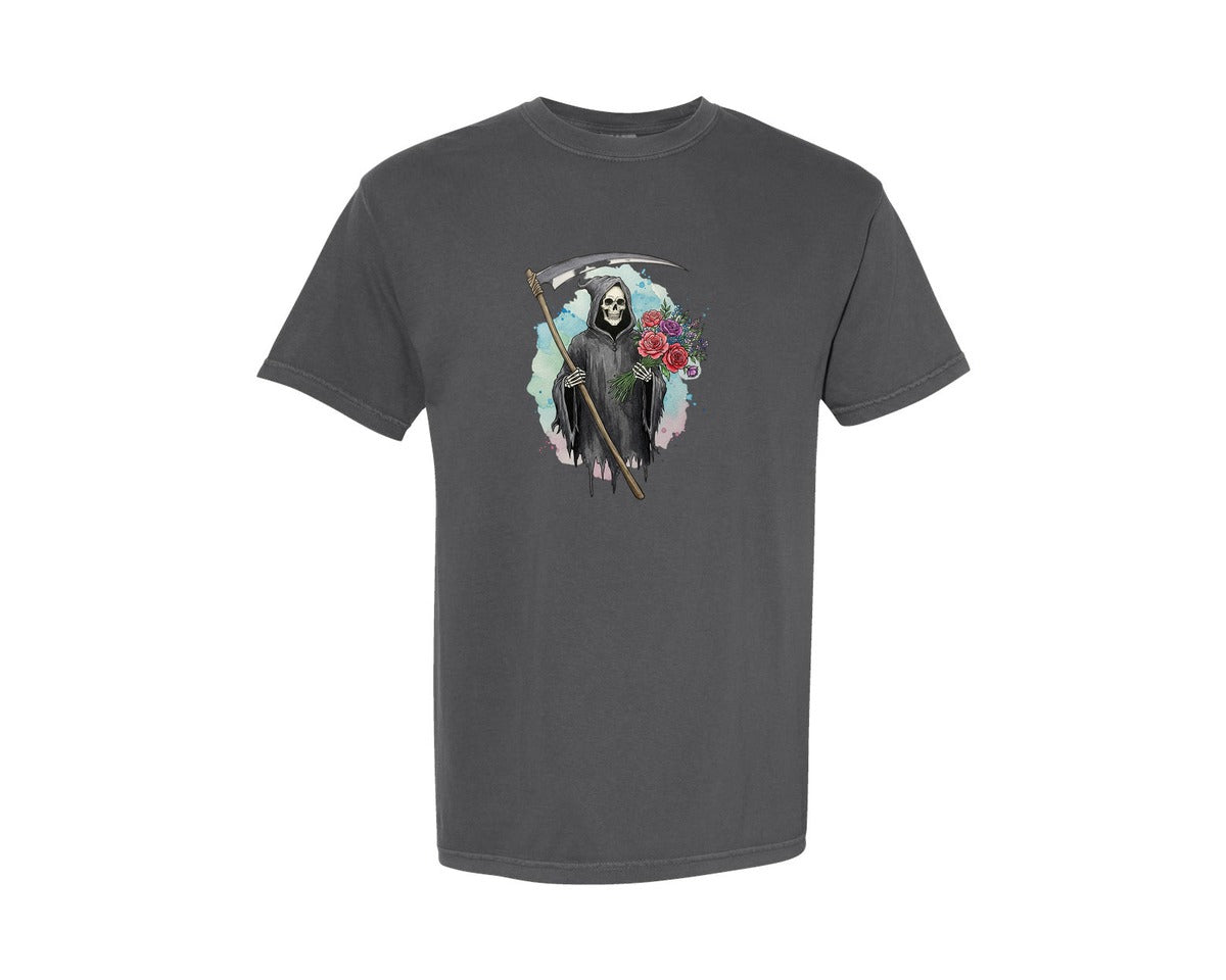 brand:Comfort Colors|color:Pepper|Grim Reaper With Flowers Gothic Graphic T-Shirt