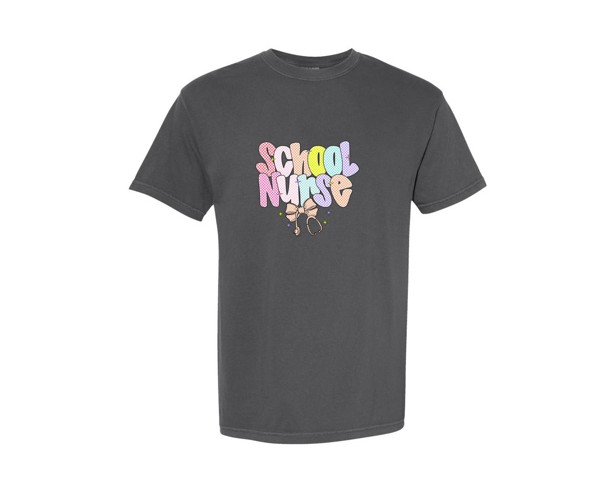 brand:Comfort Colors|color:Pepper|Preppy Checkered School Nurse Graphic T-Shirt