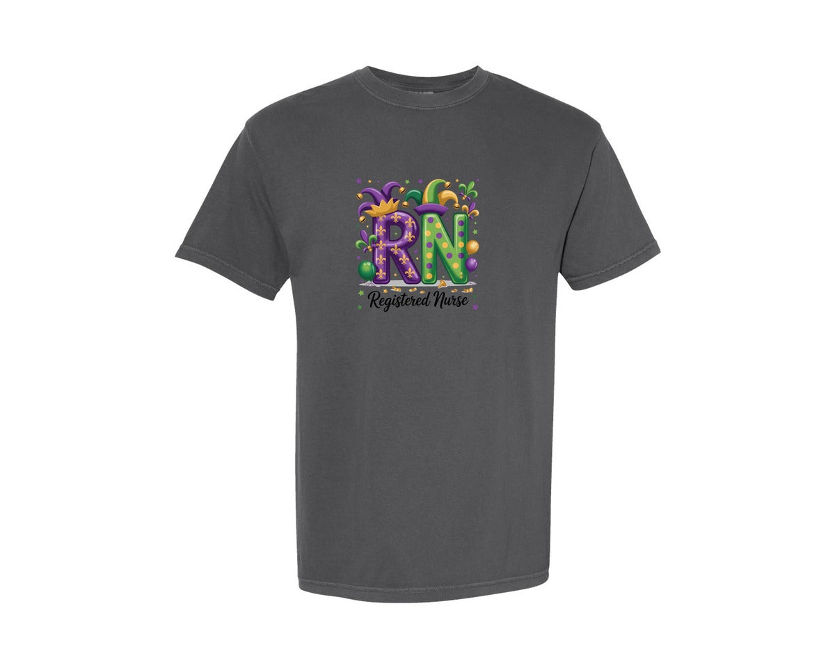 brand:Comfort Colors|color:Pepper|Rn Mardi Gras Nurse Graphic T-Shirt