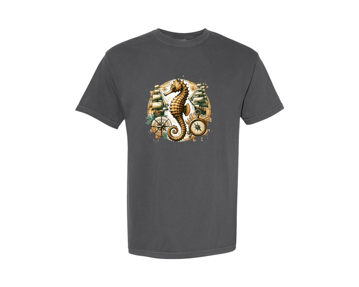 brand:Comfort Colors|color:Pepper|Vintage Seahorse Compass Ship Graphic T-Shirt