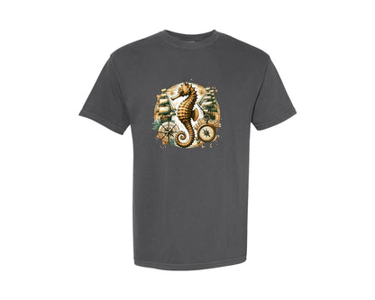 brand:Comfort Colors|color:Pepper|Vintage Seahorse Compass Ship Graphic T-Shirt