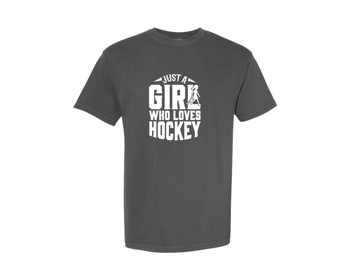 brand:Comfort Colors|color:Pepper|Girl Who Loves Hockey Hockey Graphic T-Shirt