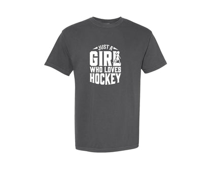 brand:Comfort Colors|color:Pepper|Girl Who Loves Hockey Hockey Graphic T-Shirt