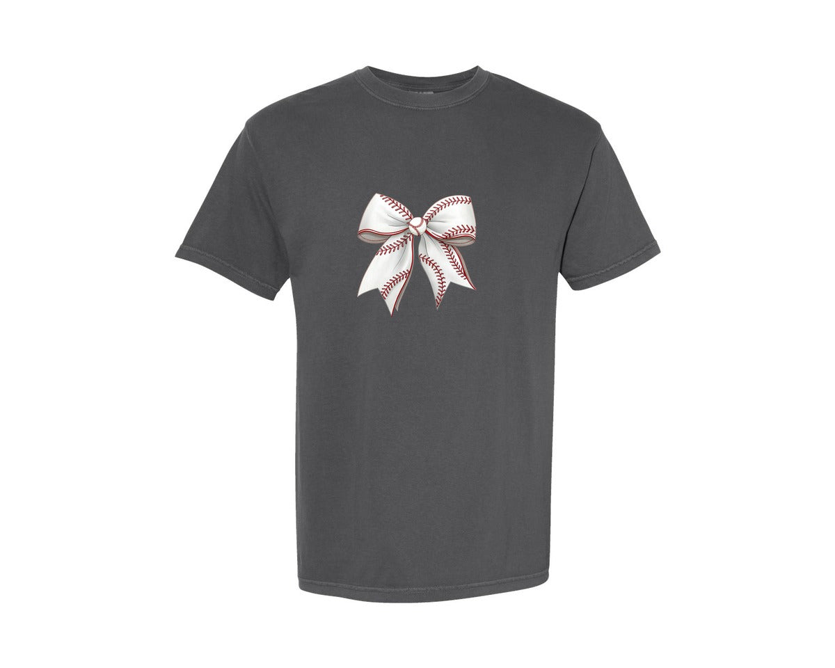 brand:Comfort Colors|color:Pepper|Vintage Baseball Bow Coquette Bow Graphic T-Shirt