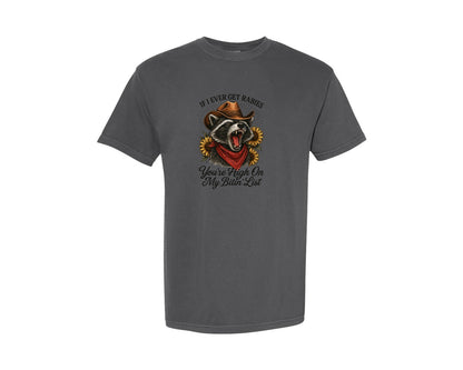brand:Comfort Colors|color:Pepper|Funny Raccoon Cowboy Graphic T-Shirt