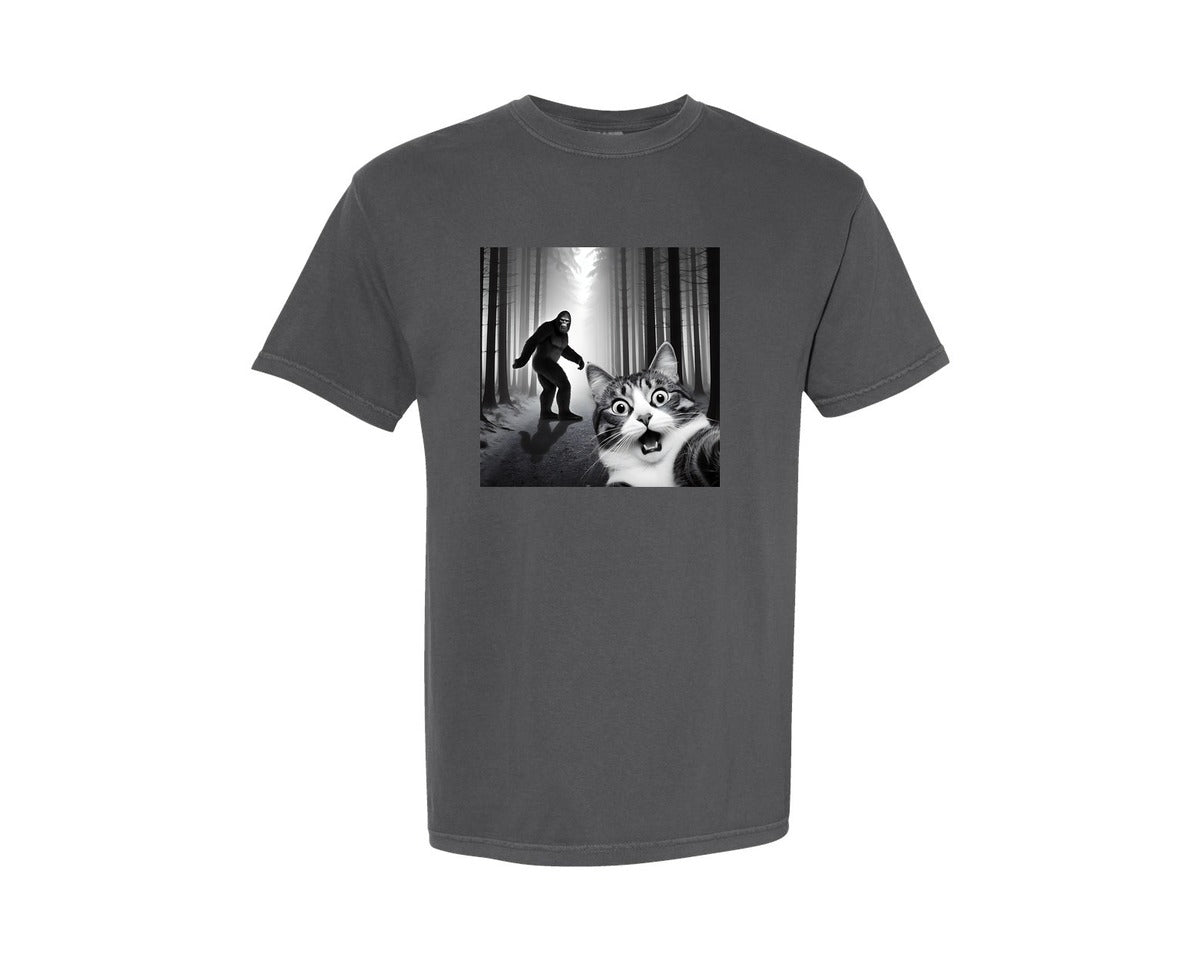 brand:Comfort Colors|color:Pepper|Cat Selfie With Sasquatch Graphic T-Shirt