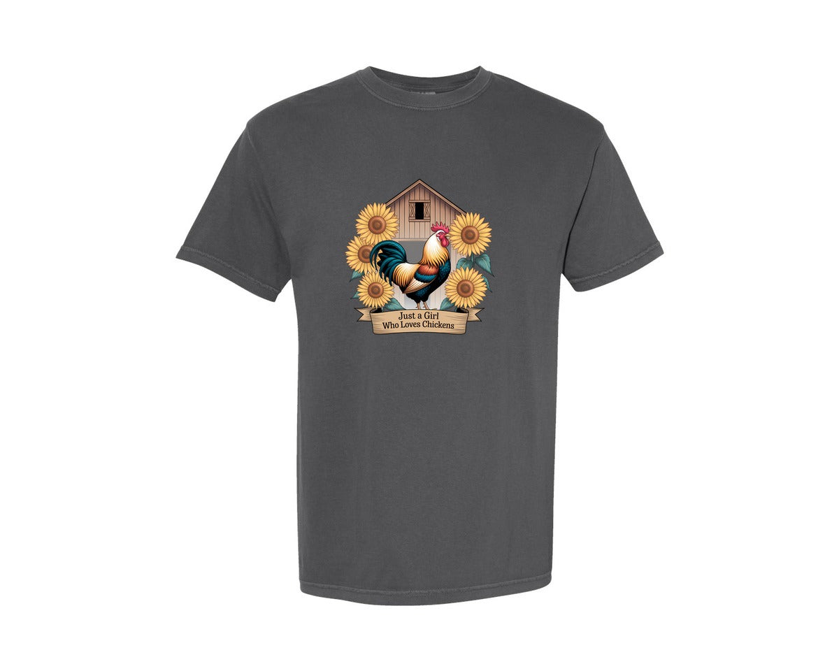 brand:Comfort Colors|color:Pepper|Just A Girl Who Loves Chickens 8 Graphic T-Shirt