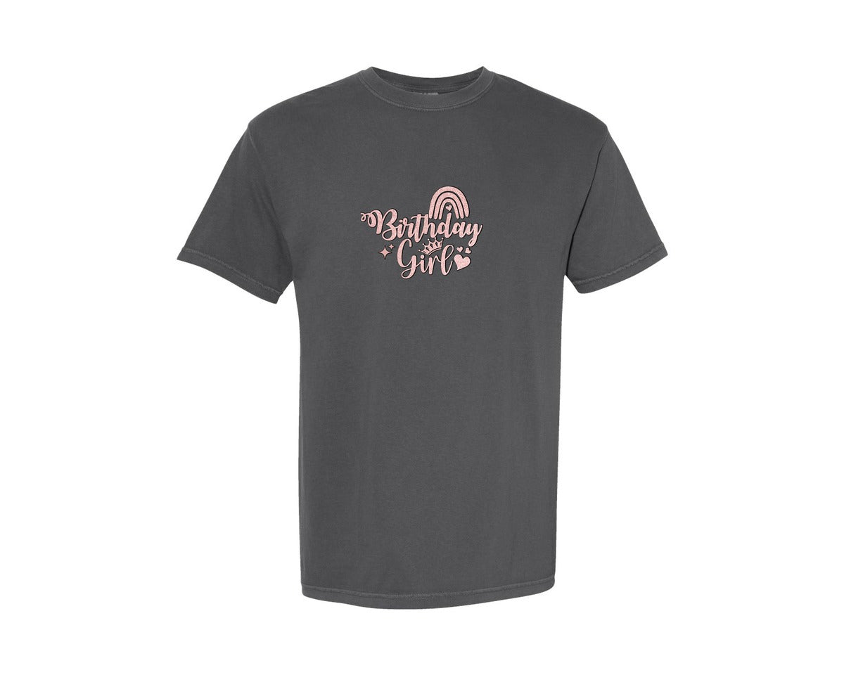brand:Comfort Colors|color:Pepper|Birthday Girl Glitter Rainbow Crown Graphic T-Shirt