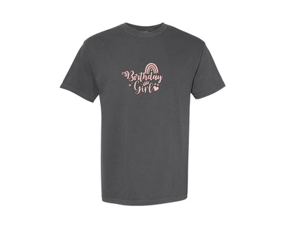 brand:Comfort Colors|color:Pepper|Birthday Girl Glitter Rainbow Crown Graphic T-Shirt