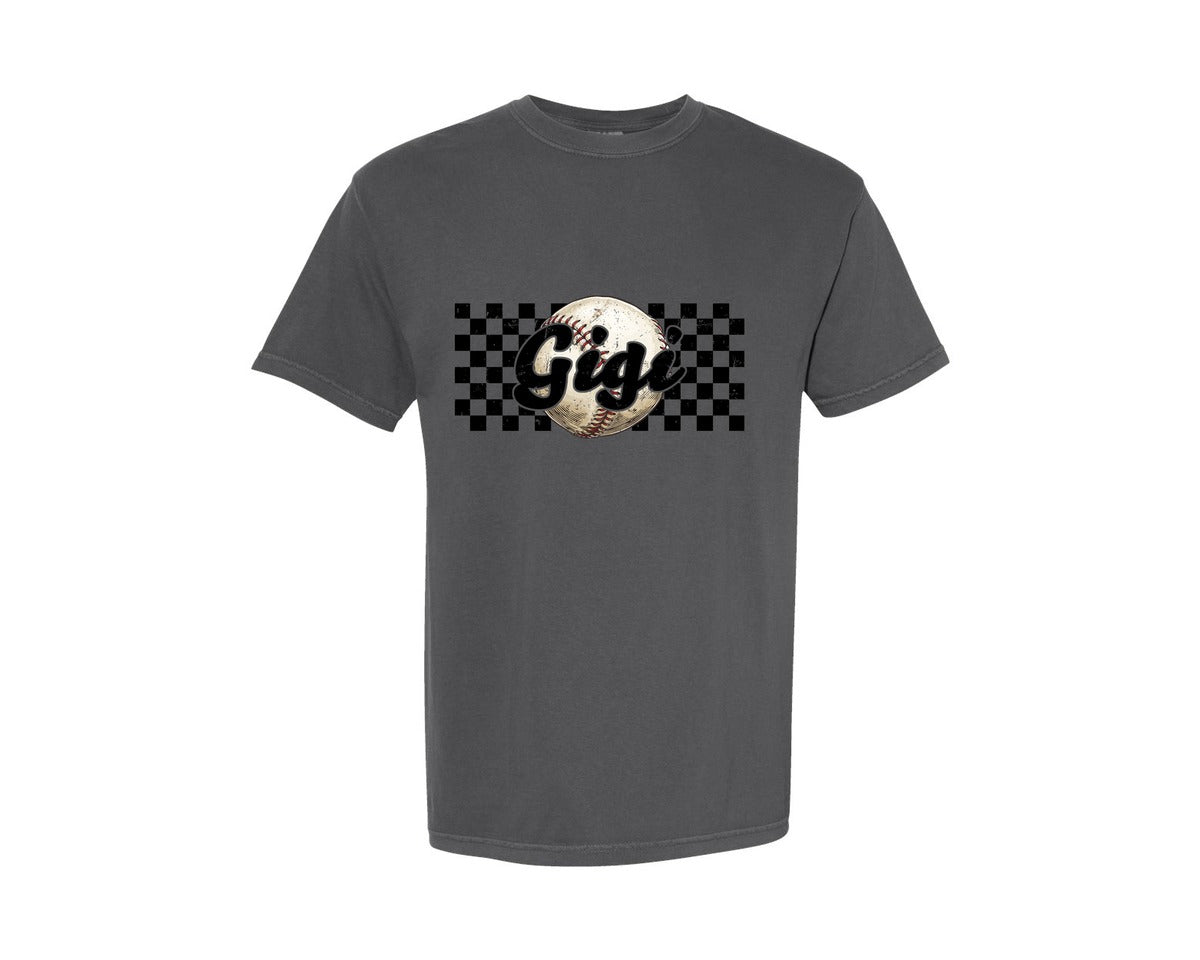 brand:Comfort Colors|color:Pepper|Baseball Gigi Checkered Distressed Graphic T-Shirt