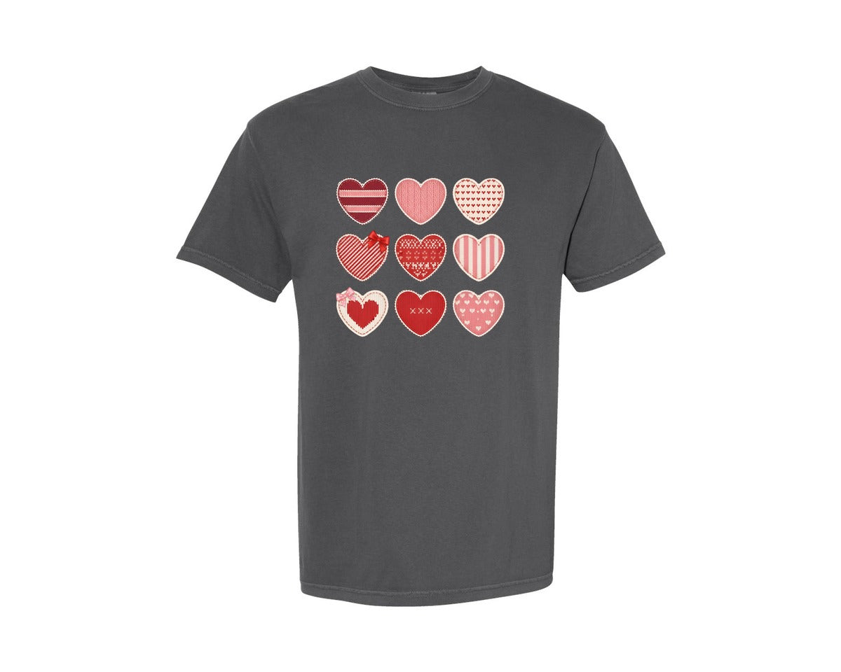 brand:Comfort Colors|color:Pepper|Knitted Heart Embroidery Design Set Graphic T-Shirt