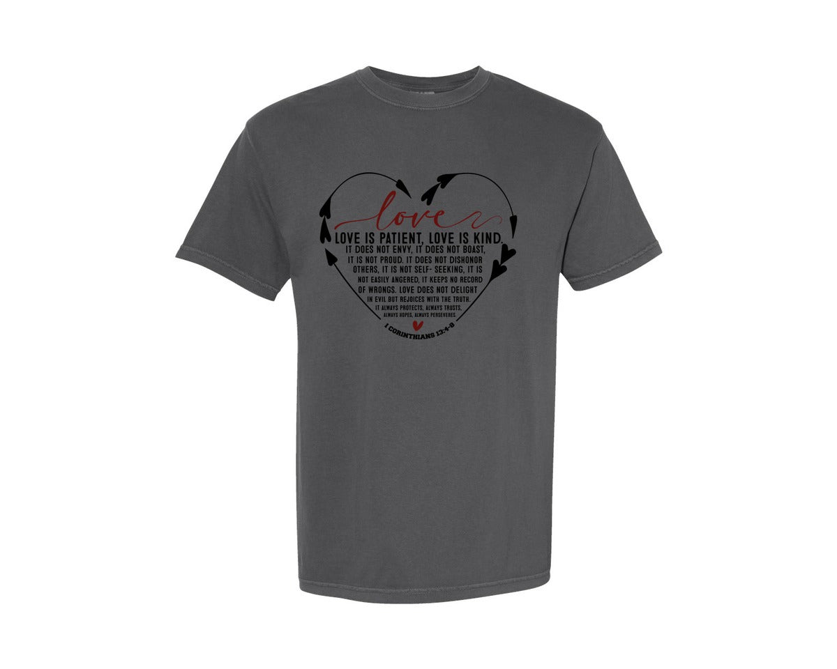 brand:Comfort Colors|color:Pepper|Valentine Heart Love Is Patient Bibl Graphic T-Shirt
