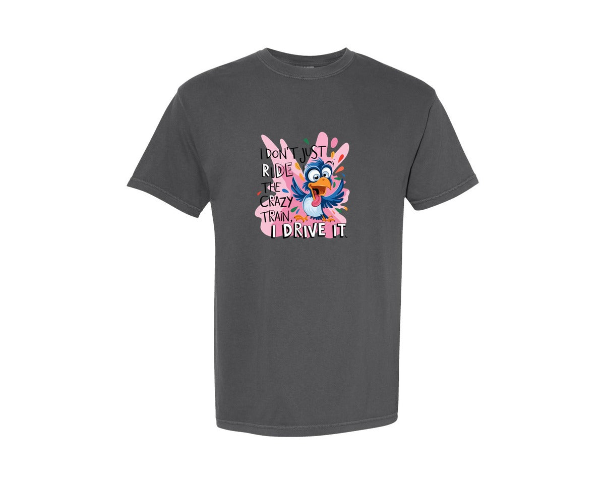 brand:Comfort Colors|color:Pepper|I Dont Just Ride The Crazy Train Graphic T-Shirt