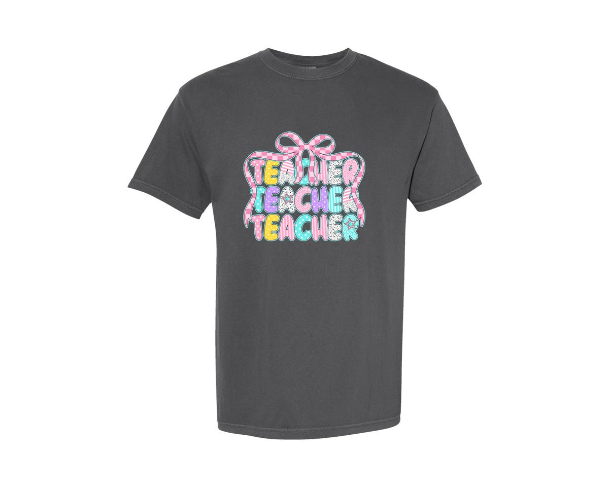 brand:Comfort Colors|color:Pepper|Preppy Teacher Coquette Bow Back To Graphic T-Shirt