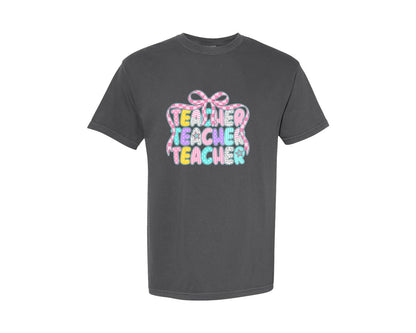 brand:Comfort Colors|color:Pepper|Preppy Teacher Coquette Bow Back To Graphic T-Shirt