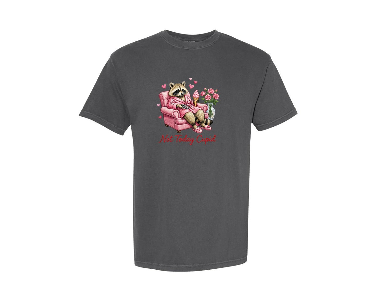 brand:Comfort Colors|color:Pepper|Not Today Cupid Raccoon Valentine 5 Graphic T-Shirt