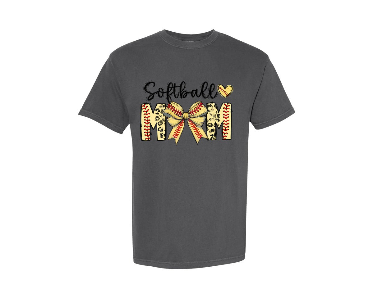 brand:Comfort Colors|color:Pepper|Softball Mom Coquette Bow Lettered Cute Graphic T-Shirt