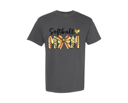 brand:Comfort Colors|color:Pepper|Softball Mom Coquette Bow Lettered Cute Graphic T-Shirt