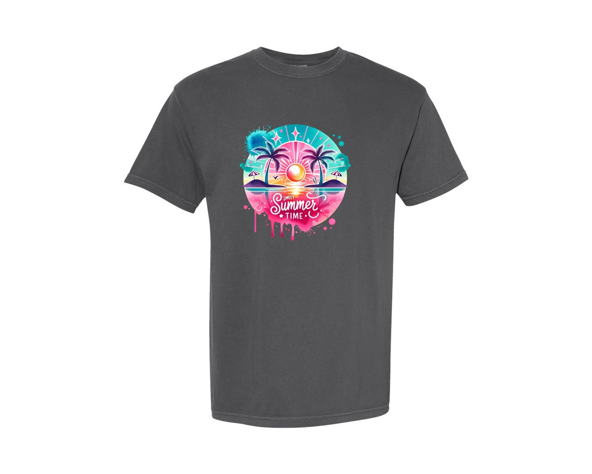 brand:Comfort Colors|color:Pepper|Sweet Summer Time Palm Tree Beach Graphic T-Shirt