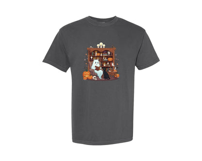 brand:Comfort Colors|color:Pepper|Retro Halloween Cat Ghost 12 Graphic T-Shirt