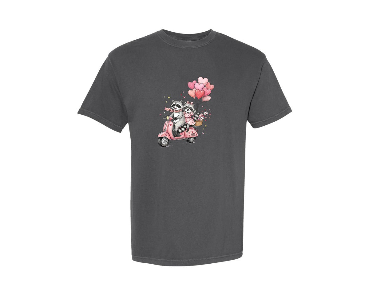 brand:Comfort Colors|color:Pepper|Cute Raccoon Couple Valentine Design Graphic T-Shirt